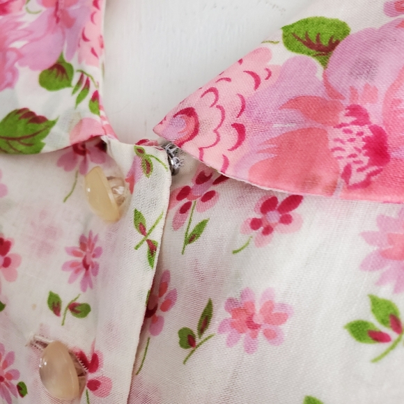 50s Vintage Nelly Don Pink & White Floral Tea Dress With Flat Collar - Picture 7 of 16